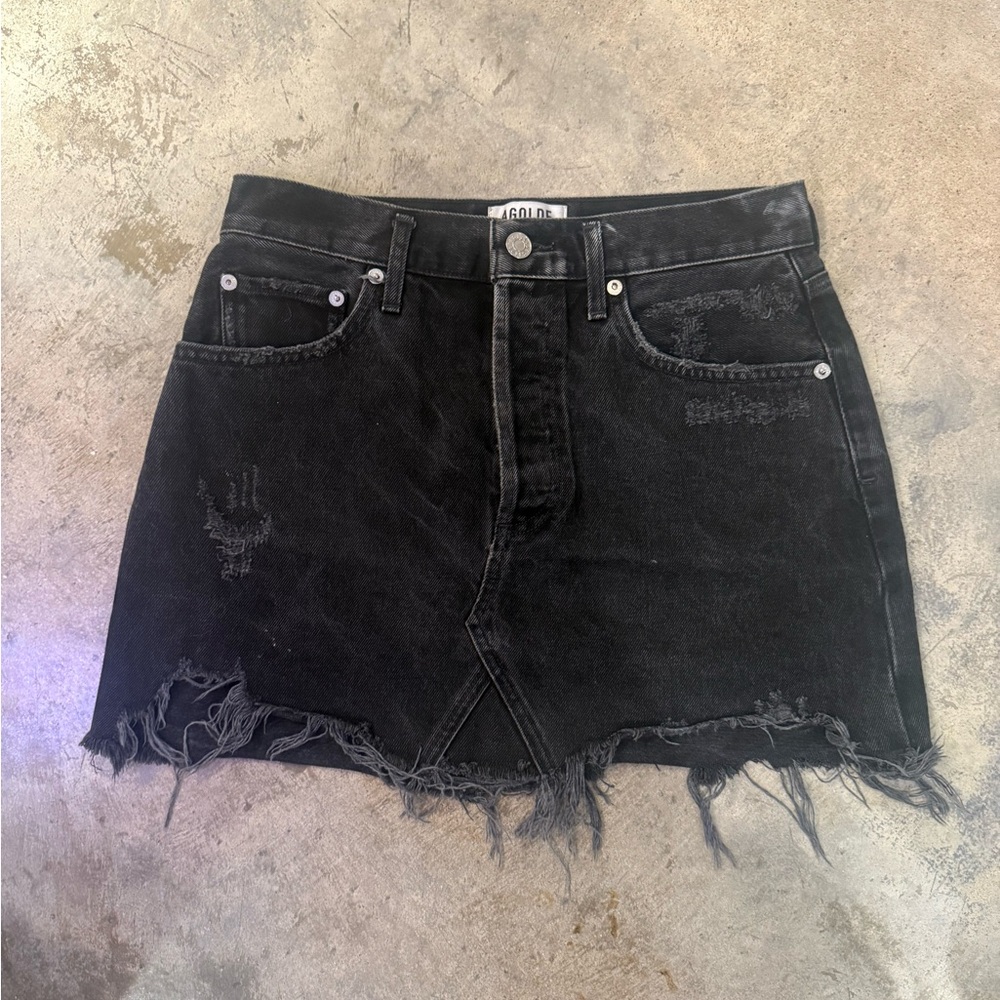 Agolde Washed Black Distressed Denim Mini Skirt